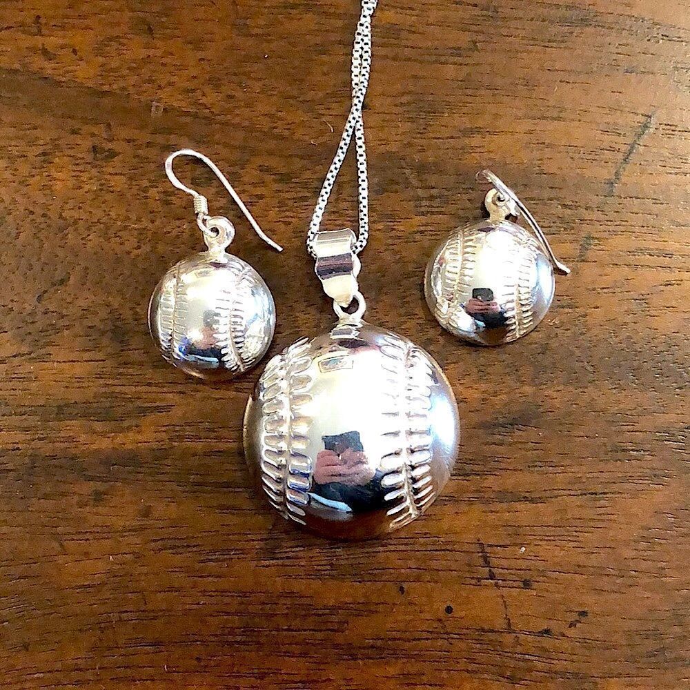 Sterling Silver Baseball Pendant and Sterling Silver Baseball Earrings